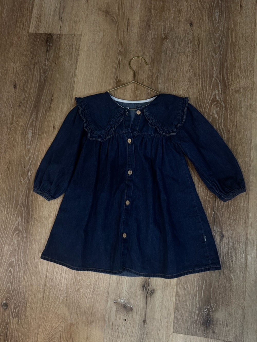 Dark Indigo Denim Button-Front Dress with Ruffled Collar